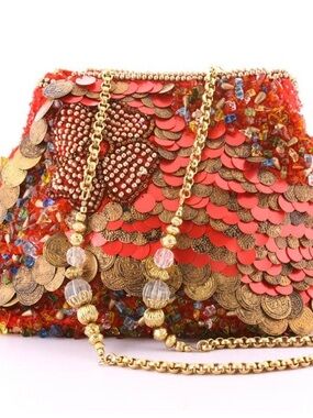 Gold-Embellished Red Sequin & Coin Evening Clutch